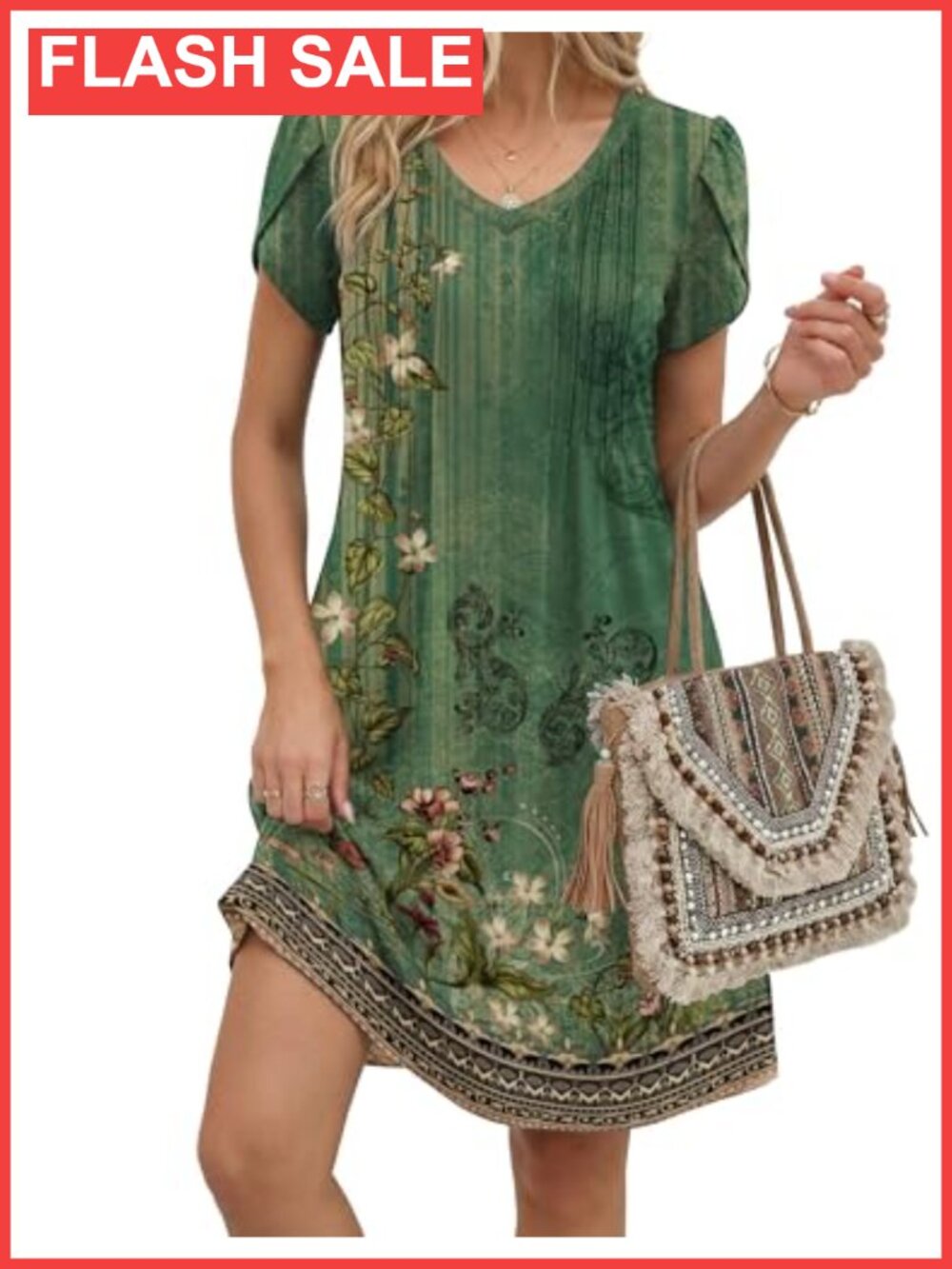 Summer V-Neck Short Sleeve Floral A-Line Casual Swing Dress with Pleats